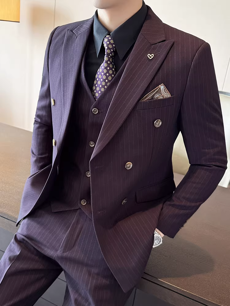 Bộ vest nam kẻ sọc, kiểu dáng lịch lãm, ôm dáng, thời trang, bộ vest cưới ba mảnh dành cho chú rể