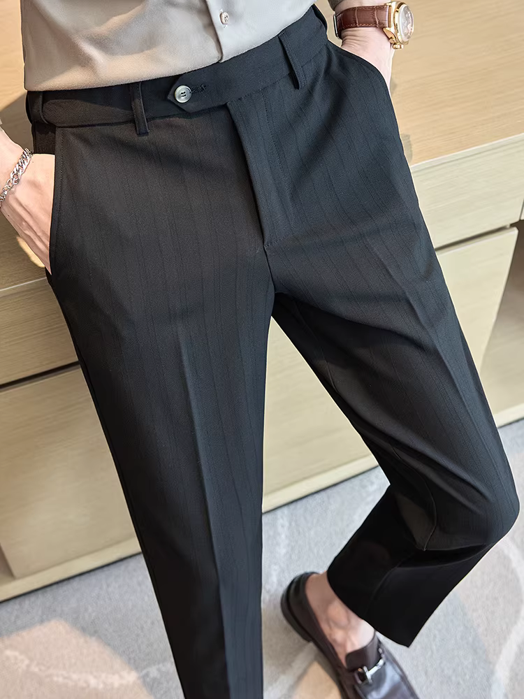 Quần âu nam kẻ sọc ba chiều co giãn không đường may, kiểu dáng ôm body, xu hướng mới thu đông 2024