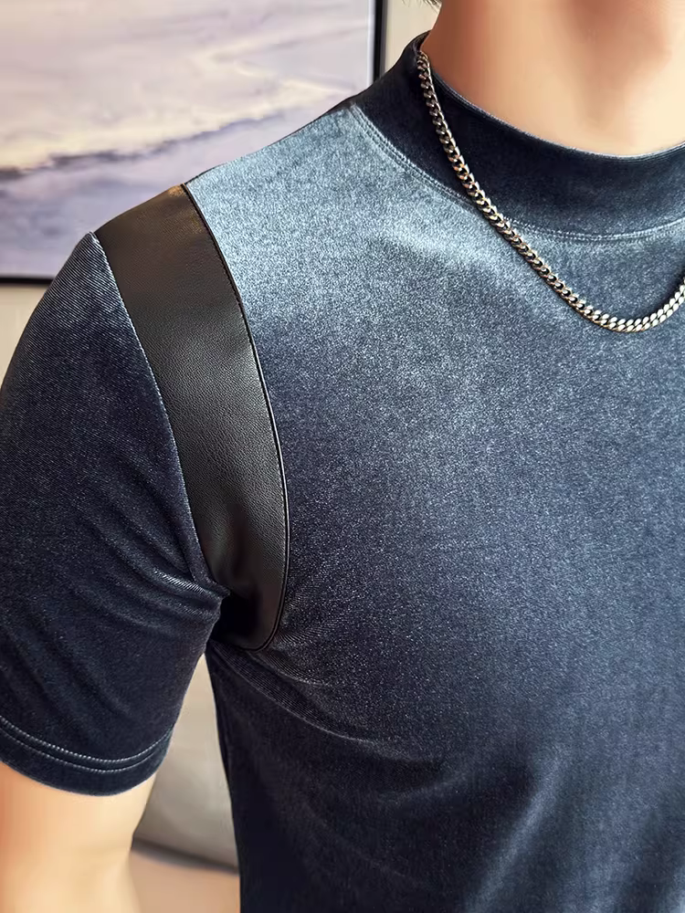Áo thun nam tay ngắn cổ nhỏ phối da, thời trang xuân hè mới, áo lót ôm dáng cao cấp hợp xu hướng