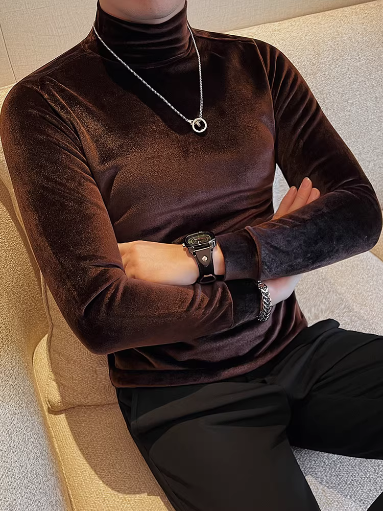 Áo thun nhung dài tay cao cấp dành cho nam, lót lông cừu mùa đông và dày dặn, áo sơ mi cổ cao nửa cổ, hợp thời trang và thời thượng, vừa vặn.
