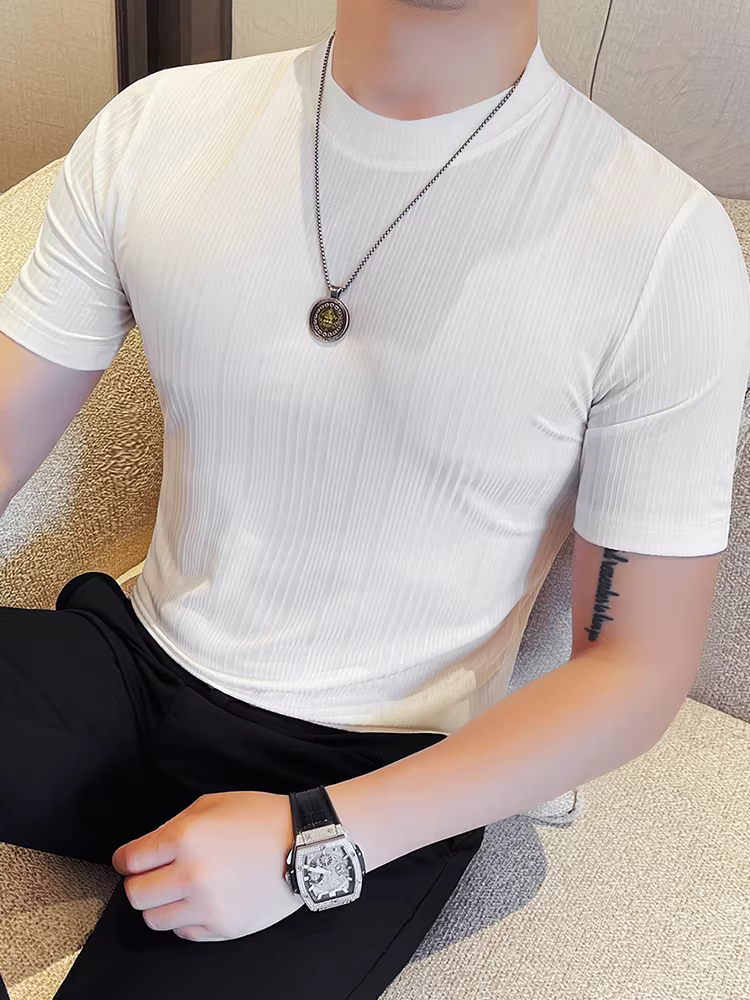Áo thun nam tay ngắn hè 2025 thời trang mới mẻ đa năng cao cấp cổ tròn sọc