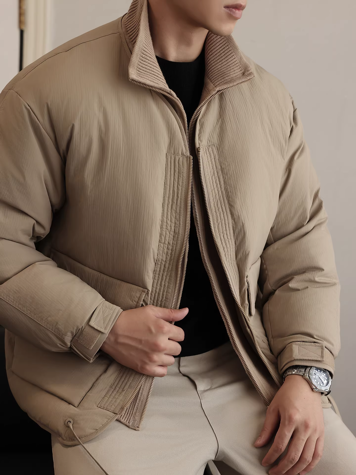 Áo khoác phao nam cổ đứng giả hai lớp mùa đông 2025, tiêu chuẩn quốc gia mới, 50% lông vũ vịt, dáng rộng, đa năng, dày dặn