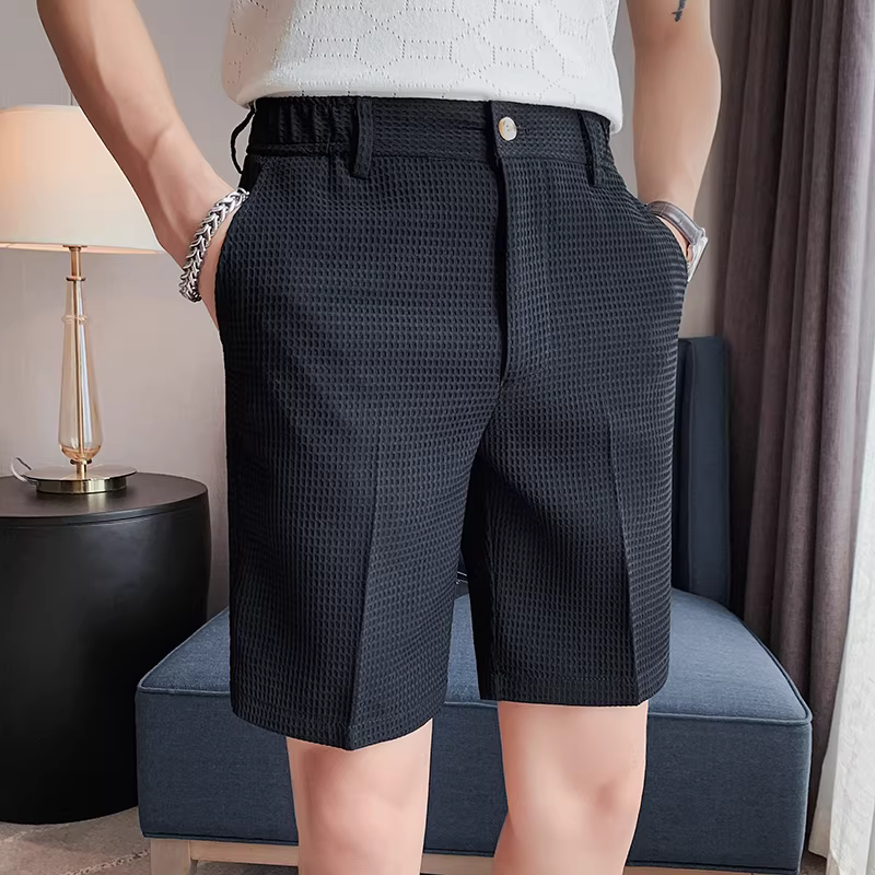 Quần short kiểu waffle cho nam, kiểu dáng mỏng nhẹ mùa hè, quần tây cao cấp năm phần, quần dài thẳng ống xu hướng phong cách Anh quốc.