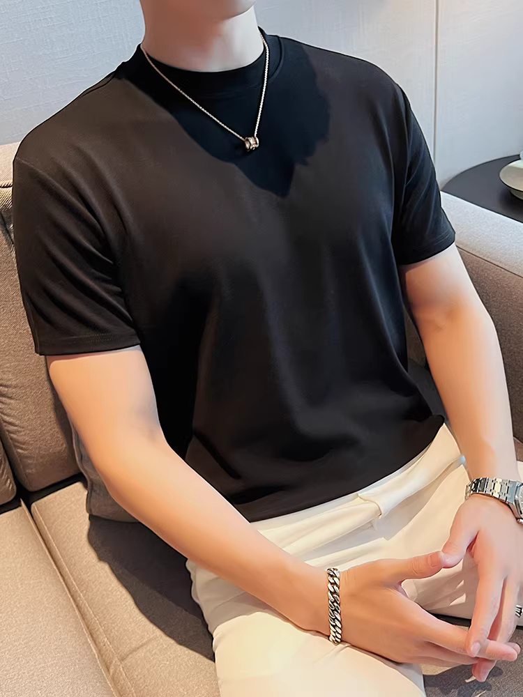Áo thun nam cổ tròn, dày dặn cho mùa thu đông, tay ngắn, cổ trung, kiểu dáng giản dị, rộng rãi, hợp thời trang, đa năng, áo thun màu trơn.