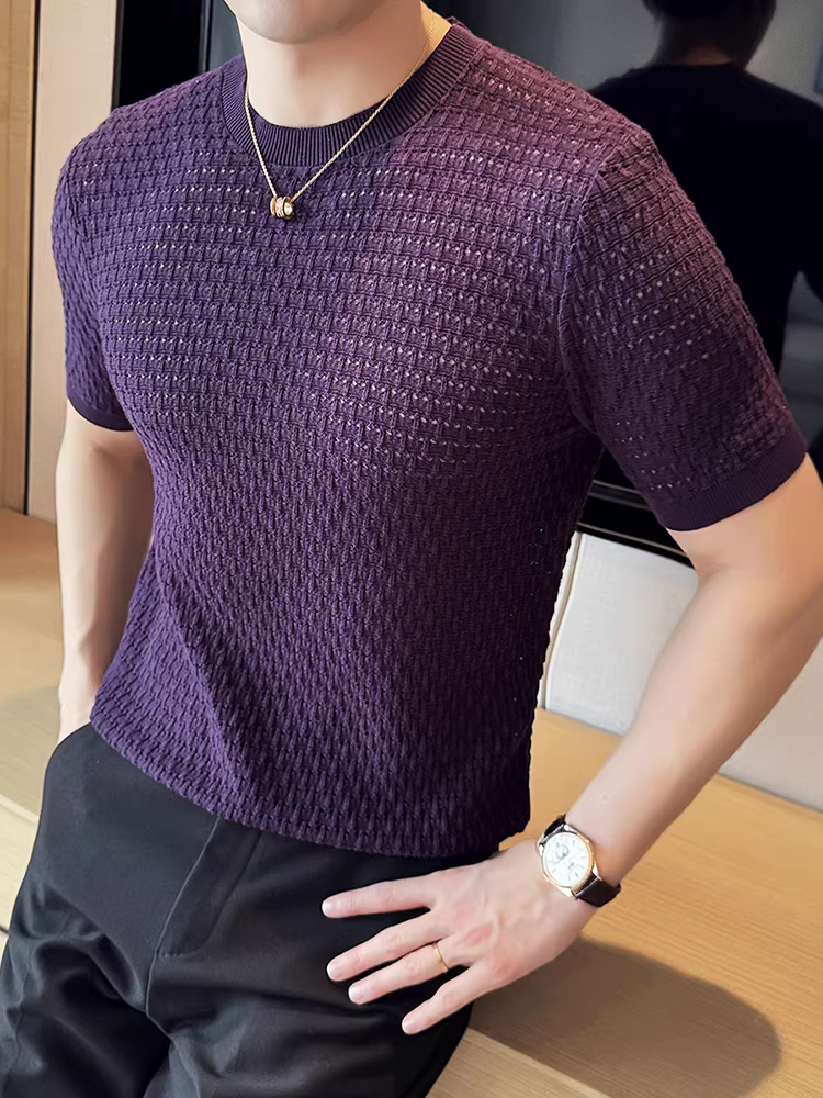 Áo thun ngắn tay dệt kim mỏng mùa hè dành cho nam, thời trang cao cấp, sành điệu, đẹp trai, áo thun cổ tròn ôm vừa vặn