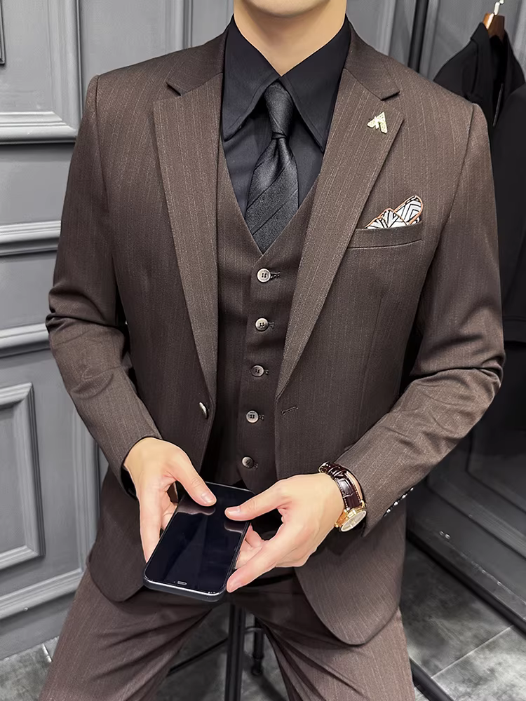 Bộ vest nam sọc cao cấp, kiểu dáng lịch sự, phù hợp với phong cách Anh, bộ vest chú rể, bộ vest cưới, bộ vest ba mảnh