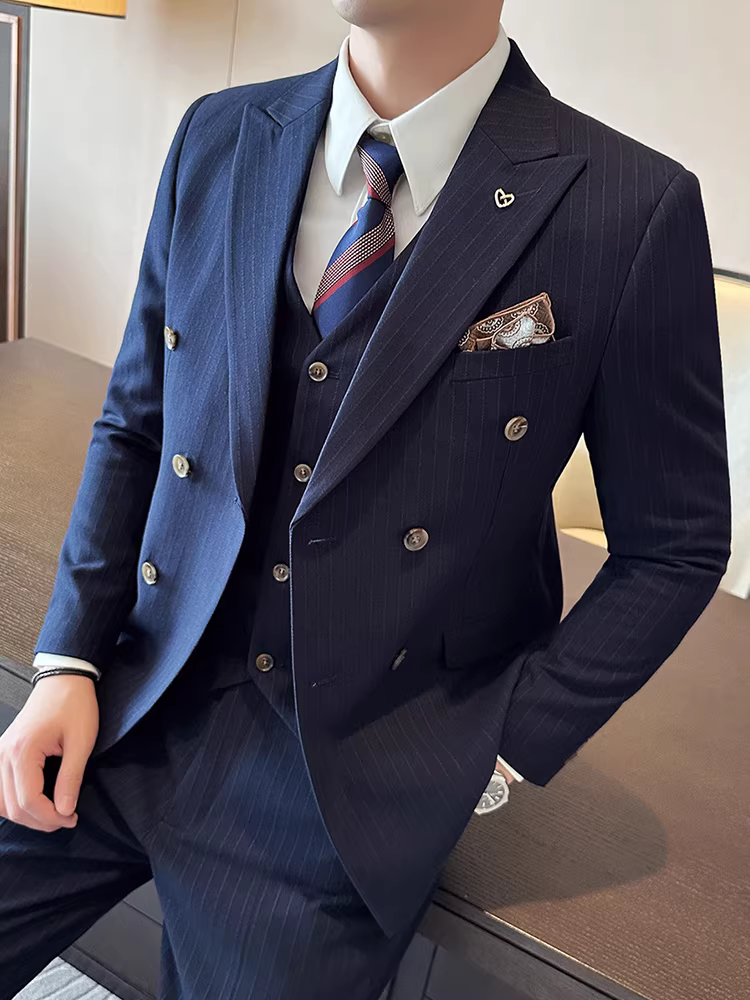Bộ vest nam kẻ sọc, kiểu dáng lịch lãm, ôm dáng, thời trang, bộ vest cưới ba mảnh dành cho chú rể