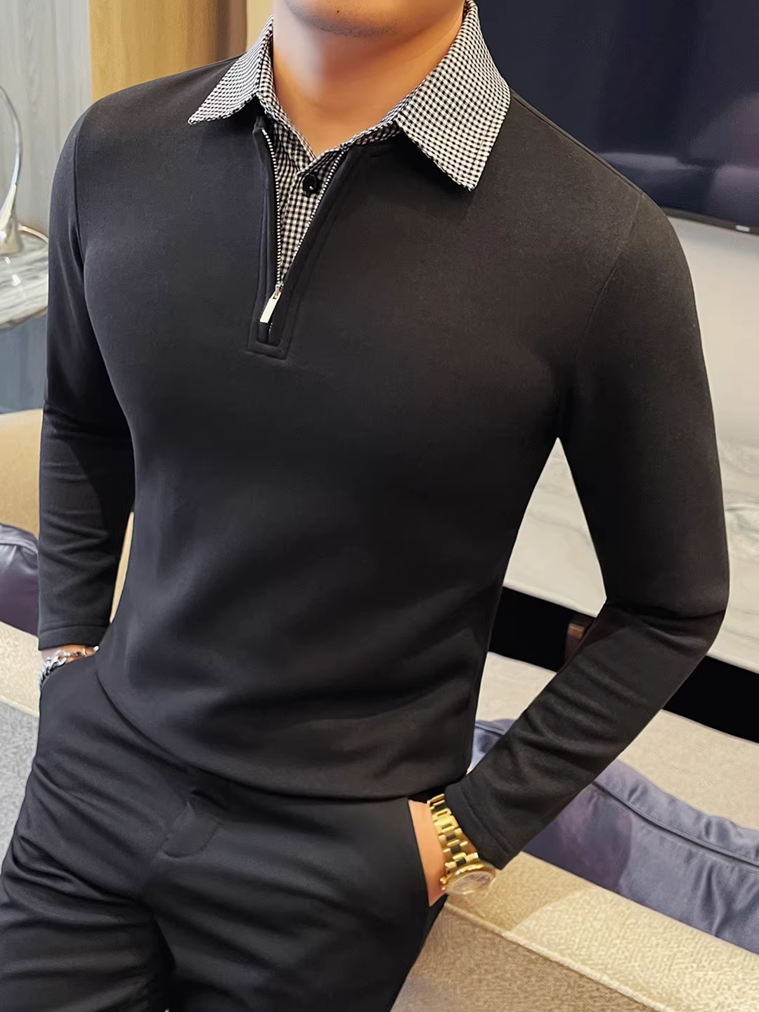 Áo thun nửa khóa kéo giả hai mảnh phối vải cho nam, dài tay, dày dặn cho mùa thu đông, thời trang, hợp xu hướng, ôm dáng, chất liệu co giãn.