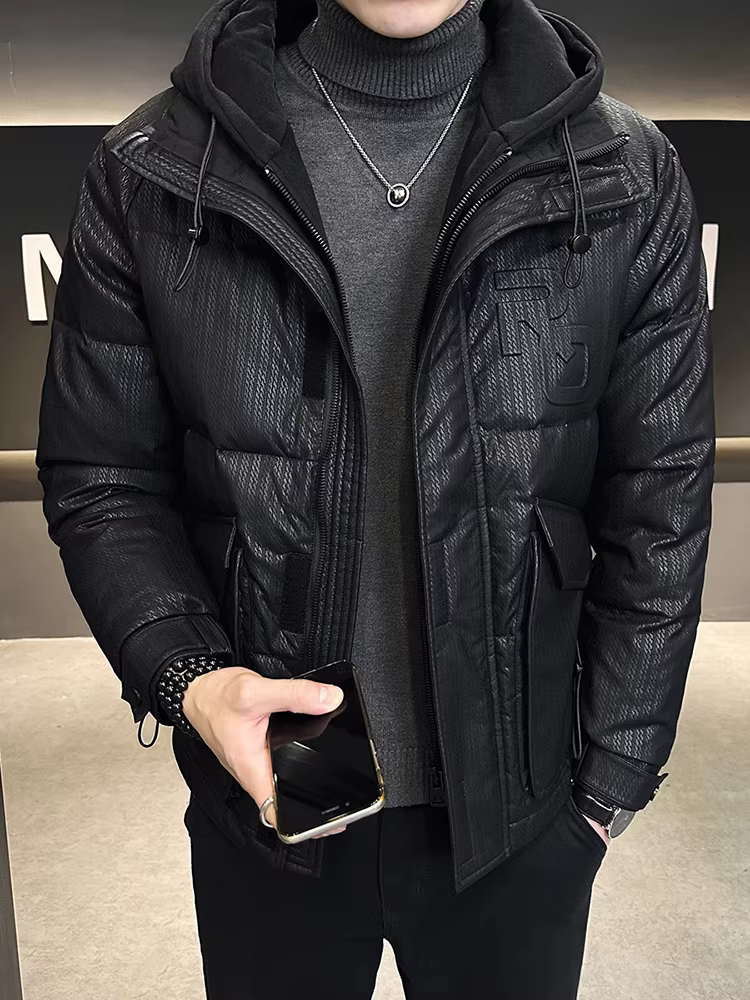 Áo khoác da PU có mũ trùm đầu giả hai mảnh dành cho nam, áo khoác mùa đông, thương hiệu mới hợp thời trang, phong cách Hàn Quốc cao cấp, dáng đẹp và thời trang.