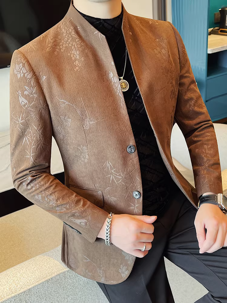 Áo blazer nam cổ đứng kiểu Trung Quốc mới, họa tiết hoa, thời trang xuân 2025, kiểu dáng ôm body, lịch lãm, cao cấp