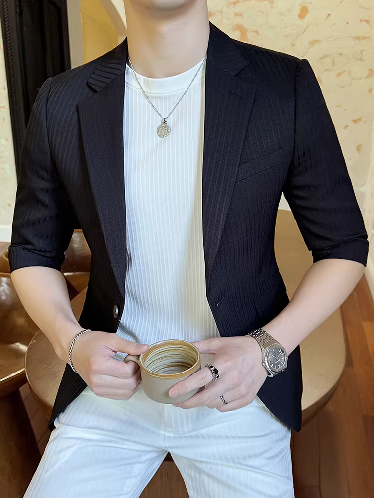 Áo khoác vest ba phần tư dành cho nam, kiểu dáng mỏng mùa hè, thời trang, ôm dáng, chất lượng cao, dễ chăm sóc, vest ngắn tay công sở