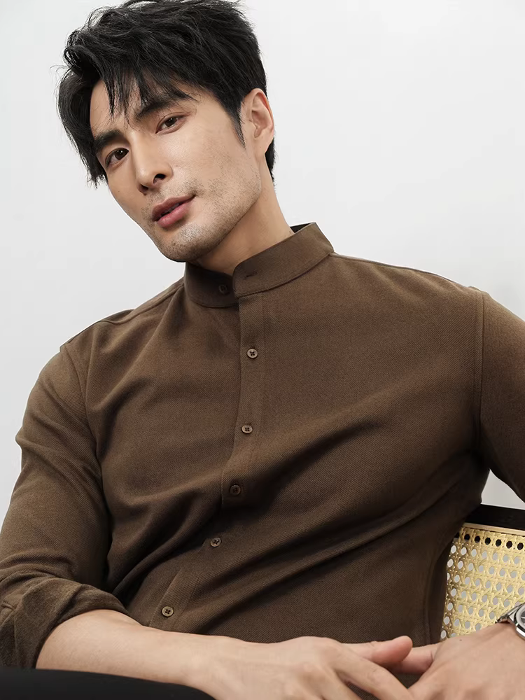 Áo sơ mi len nam cao cấp, dài tay, dày dặn cho mùa thu đông, cổ đứng kiểu Trung Quốc mới, lịch lãm và trang nhã, áo sơ mi công sở.