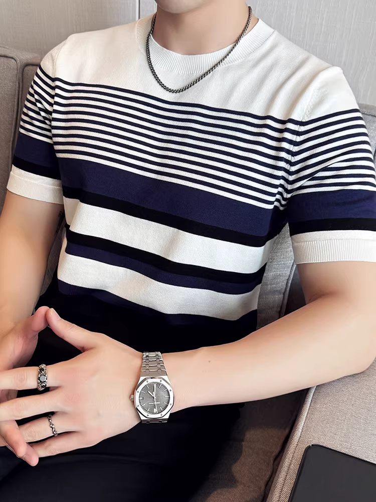 Áo thun nam tay ngắn dệt kim sọc cổ tròn chất lượng cao Tencel Lyocell, áo lót mùa hè mỏng, thân thiện với làn da, thoáng khí.