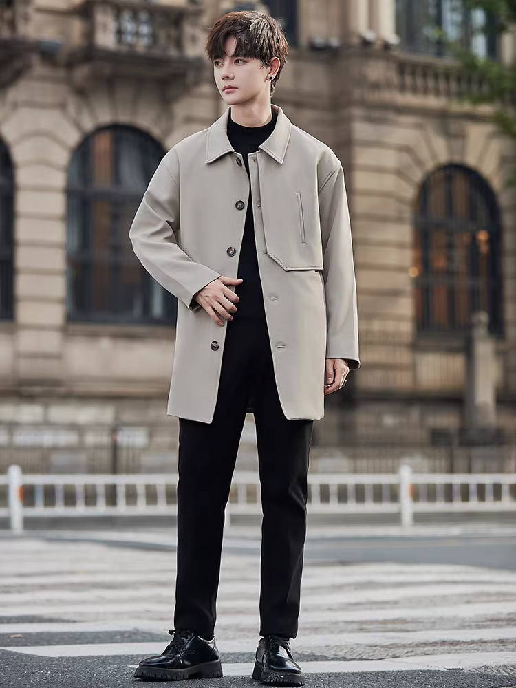 Áo khoác dài trung bình dành cho nam, xu hướng thời trang xuân thu, áo khoác có cổ màu trơn đa năng, dáng rộng, cao cấp