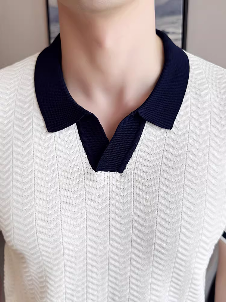 Áo polo nam dệt kim lụa đá phối màu, tay ngắn, kiểu dáng mùa hè mới, áo thun cao cấp thời thượng ôm dáng co giãn