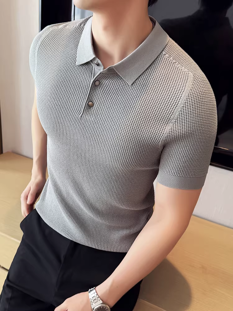 Áo Polo nam Yilite chất liệu lưới dệt kim, tay ngắn, mùa hè, mỏng, kiểu dáng ôm sát, cổ tròn, phong cách thường ngày
