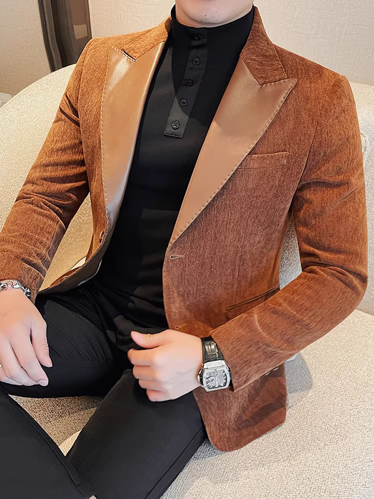 Áo blazer nam phối da, kiểu mới thu đông 2024, phong cách công sở lịch lãm, đa năng, dáng ôm, chất liệu cao cấp