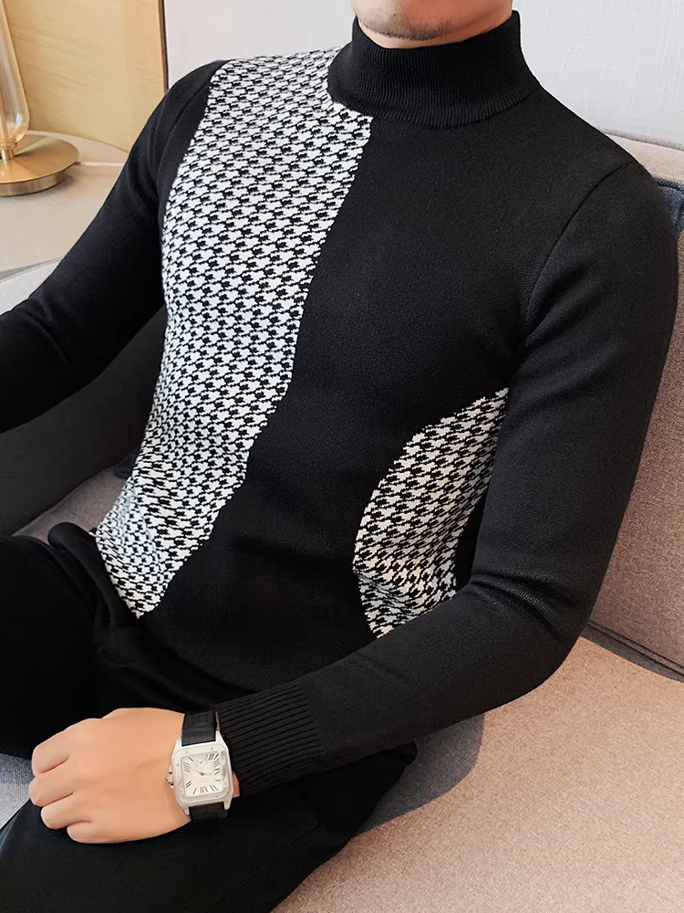 Áo len nửa cổ lọ dành cho nam, dài tay, mùa đông, cảm giác cao cấp, thiết kế chắp vá, hợp thời trang, ôm dáng, cổ trung bình, lớp đan bên trong.