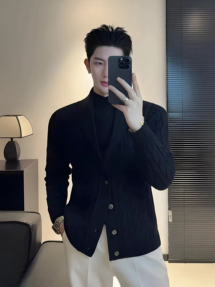 Áo len dệt kim cổ xanh len merino cao cấp, áo khoác len đa năng mùa thu đông mới với vẻ ngoài sang trọng kiểu cổ điển.