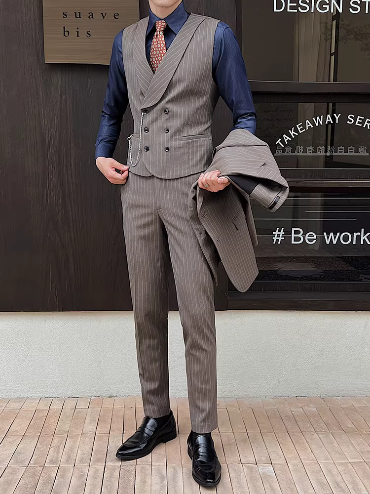 Áo vest sọc đôi ngực kiểu Anh dành cho nam, phong cách xuân thu mới, trang phục công sở lịch sự cao cấp, vest phù rể