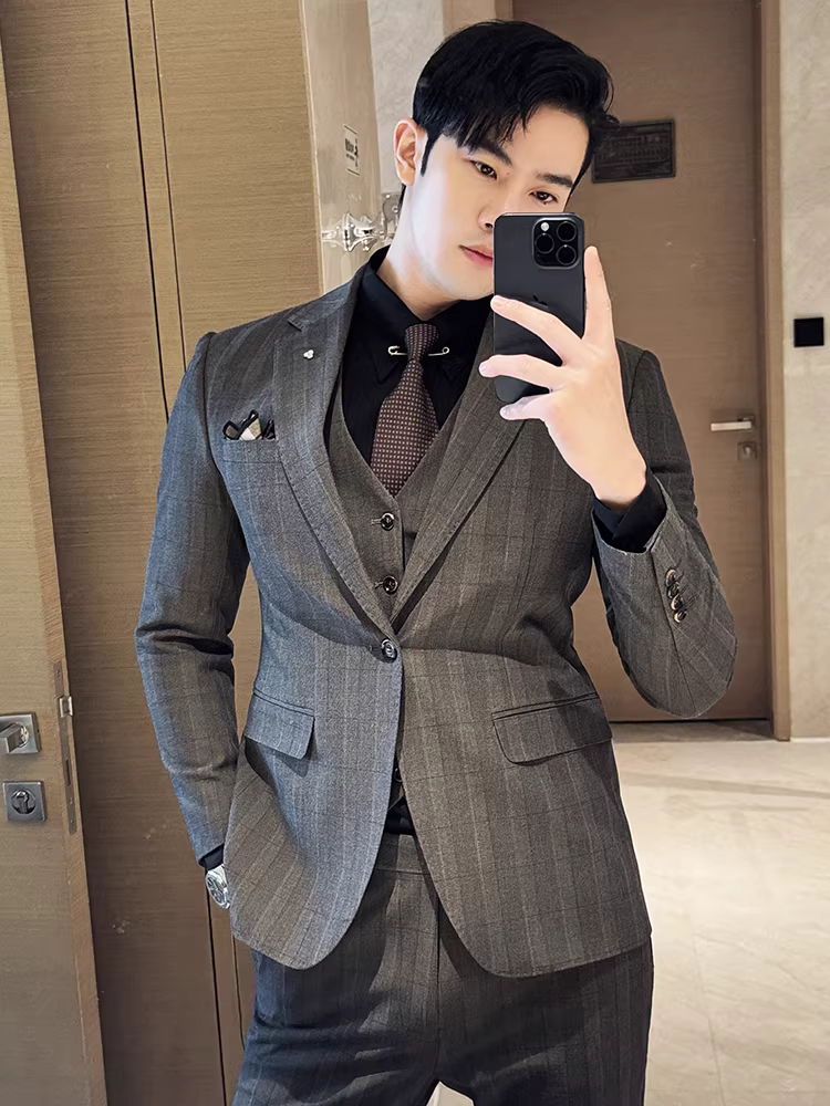 Bộ vest kẻ ca rô cao cấp dành cho nam, thời trang, ôm dáng, lịch lãm, phù hợp với trang phục công sở, bộ ba món dễ chăm sóc