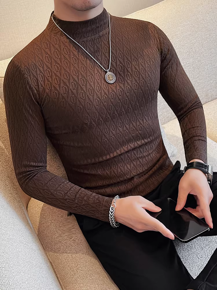 Áo thun nam dài tay cổ cao nửa cổ thiết kế cao cấp, thu đông, lót lông cừu, dày dặn, ôm dáng, thời trang và đa năng, áo thun cổ trung.
