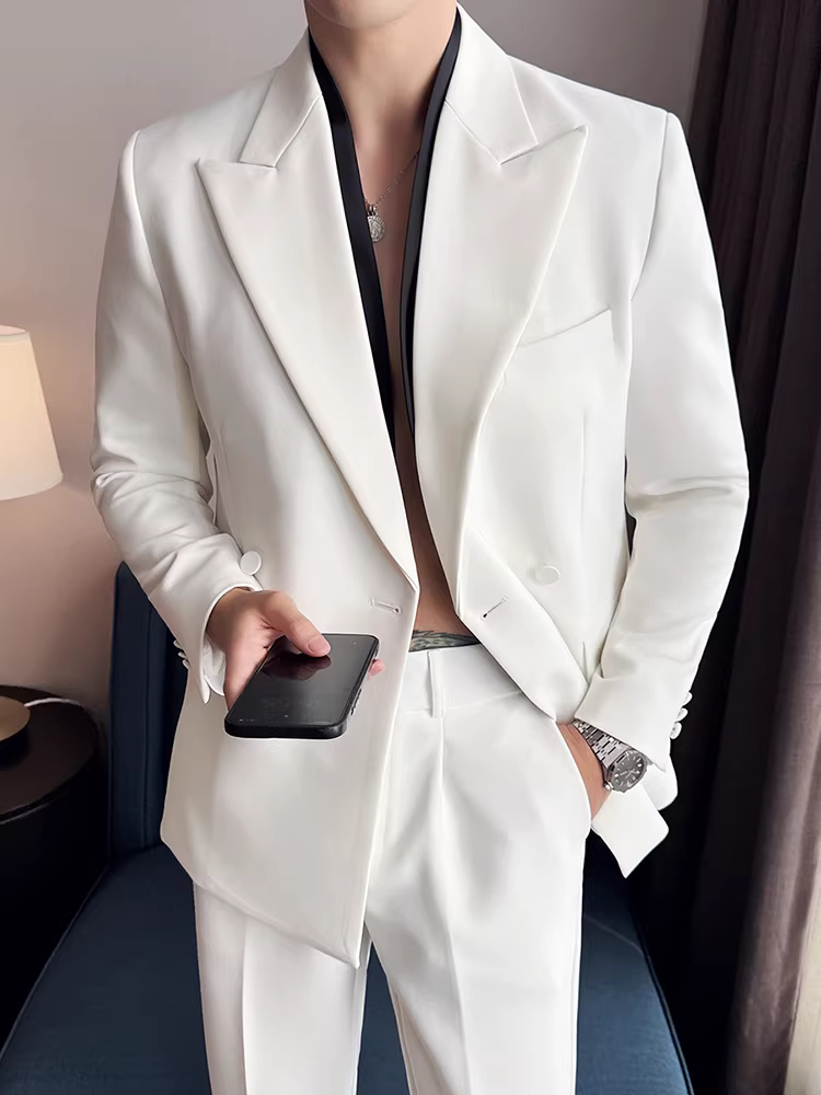 Áo blazer giả hai mảnh kiểu Anh dành cho nam, phong cách công sở giản dị, đa năng, hợp thời trang, ôm dáng, bộ vest hai hàng khuy thời trang