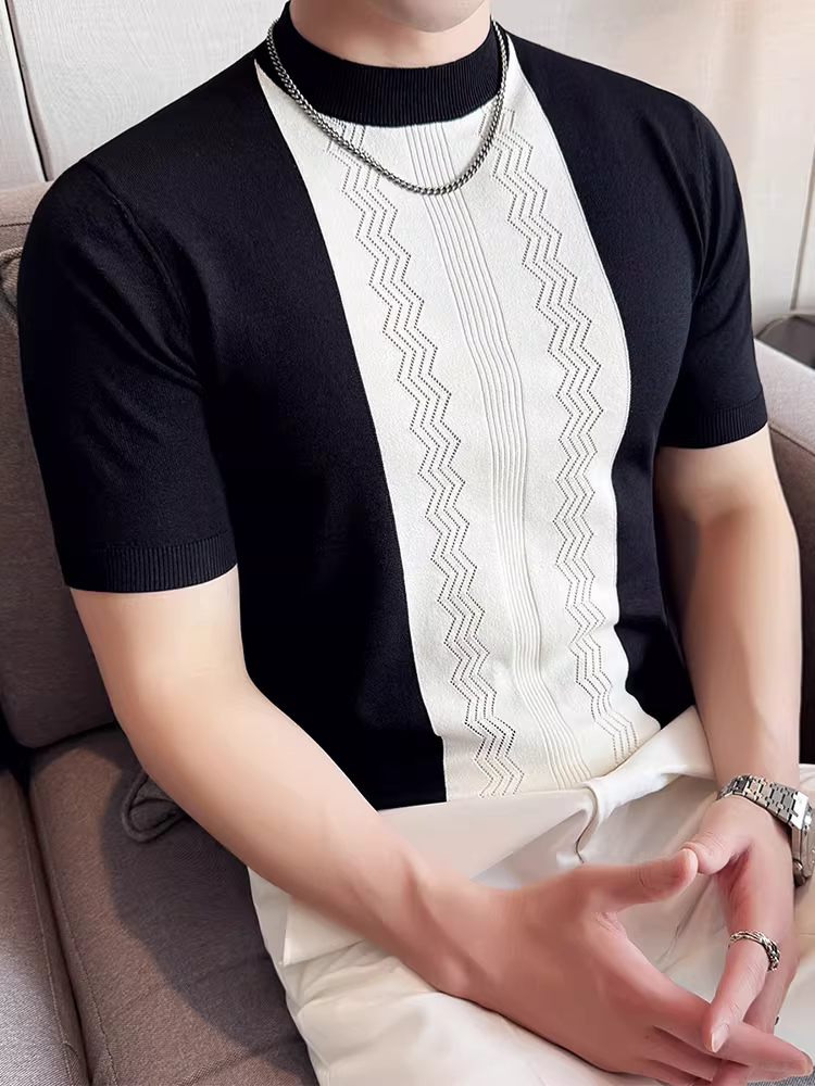 Áo thun nam ngắn tay bằng vải lụa băng dệt kim, kiểu dáng mỏng mùa hè, mát mẻ, thoải mái, thoáng khí, đa năng, áo thun phối màu cao cấp.