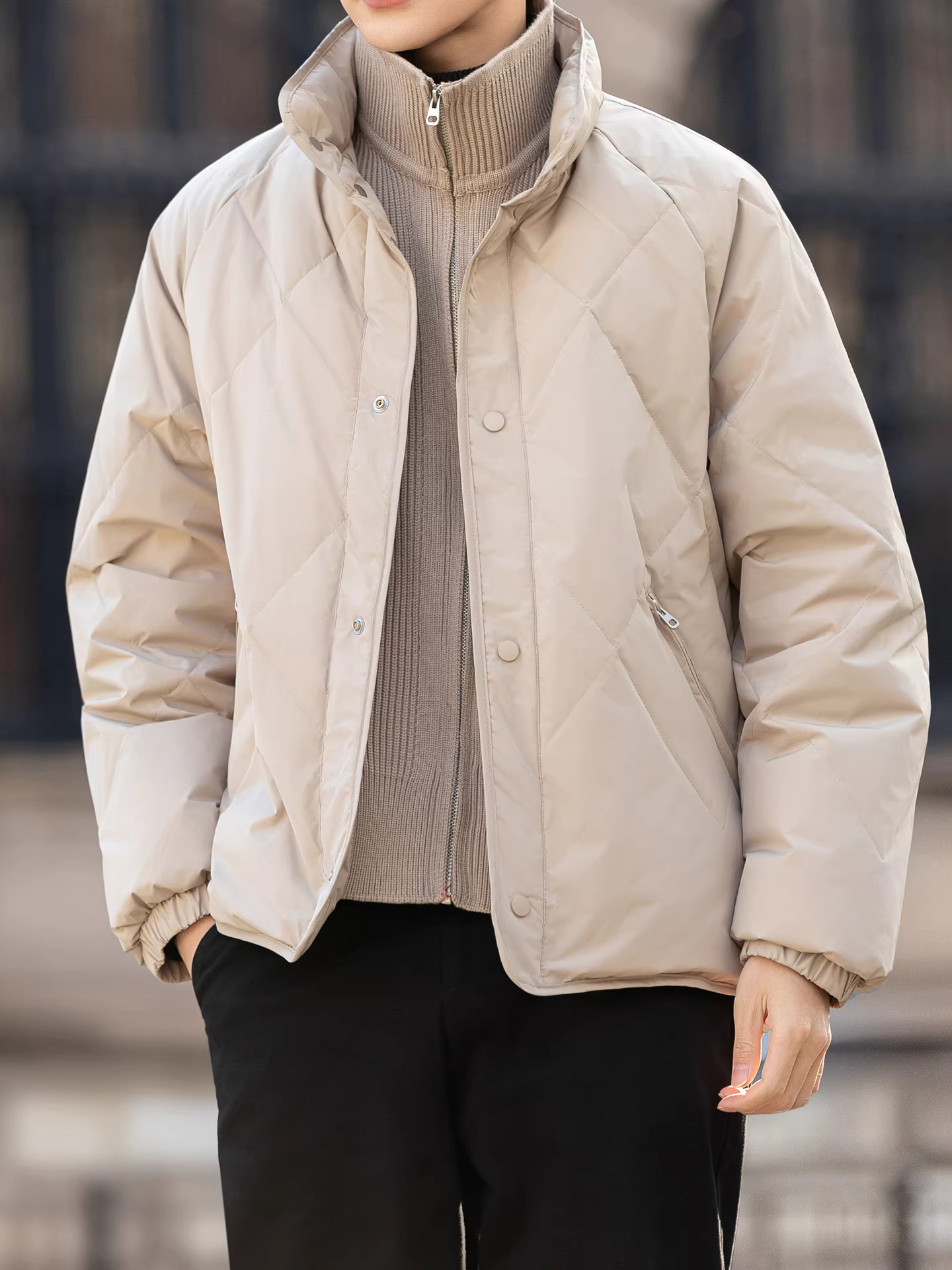 Áo khoác phao nam phối màu dệt kim giả hai lớp, kiểu mới mùa đông 2025, dáng rộng, đa năng, nhẹ, ấm áp, chất liệu lông vũ