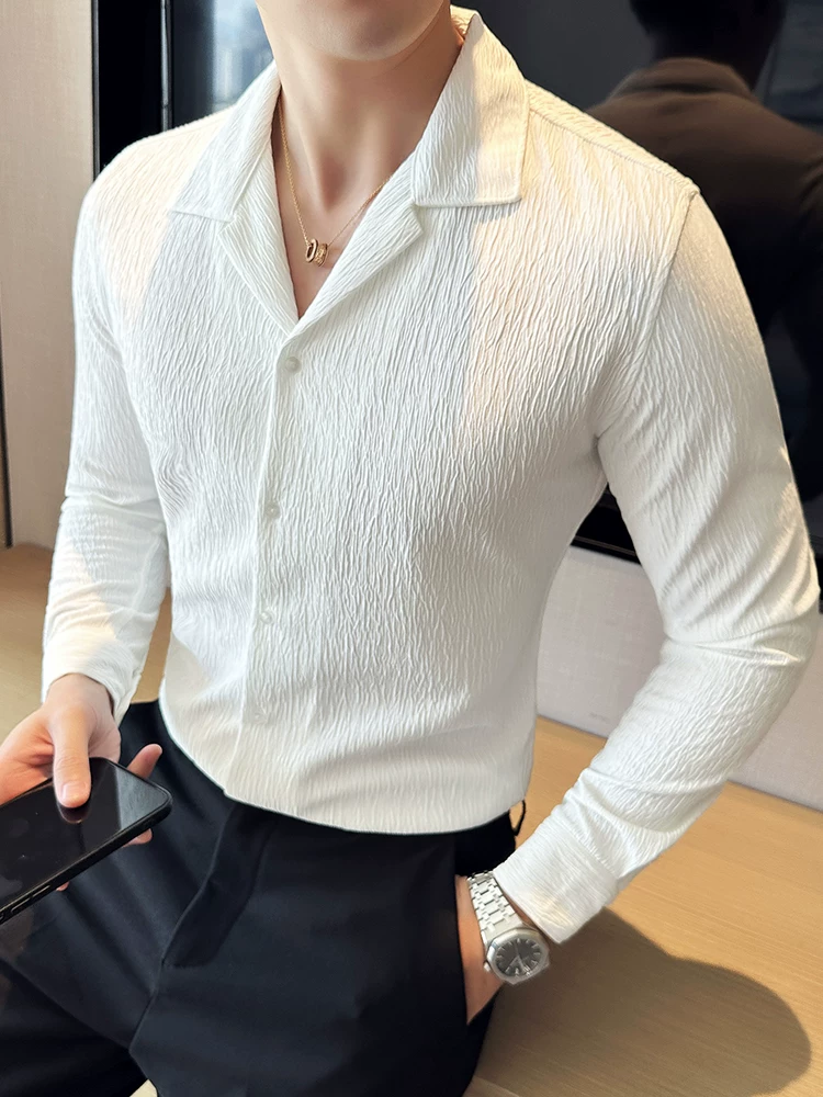 Áo sơ mi cổ Cuba dành cho nam, tay dài, kiểu dáng xuân thu mới, phong cách công sở lịch sự, đa năng, cao cấp, thiết kế xếp ly, áo hơi rộng