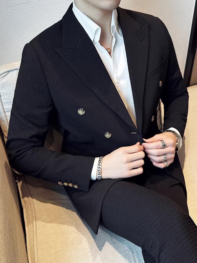 Bộ vest nam mùa thu kiểu waffle, vest công sở cao cấp, kiểu dáng ôm body, vest nam hai hàng khuy