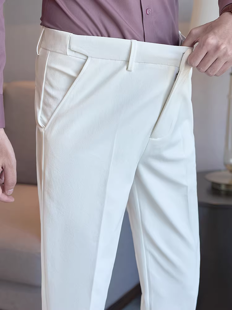 Quần âu nam ống đứng lưng thun không đường may kiểu dáng mới thời thượng 2025, ôm dáng, chất liệu dễ chăm sóc, thích hợp cho công sở và thường ngày