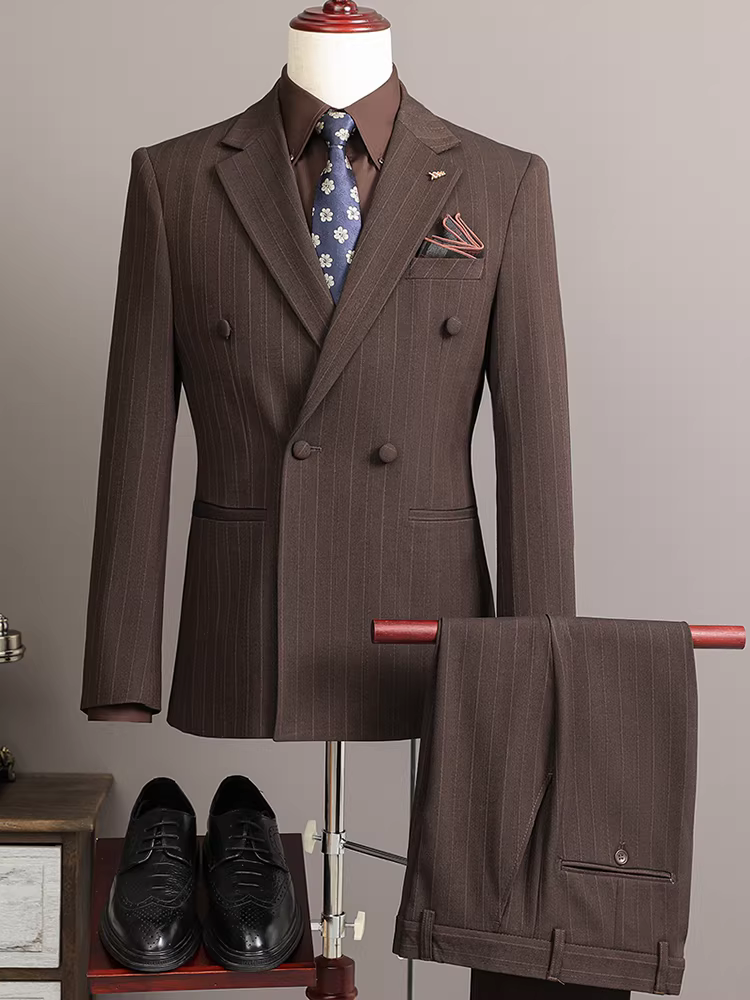 Bộ vest kẻ sọc cao cấp hai hàng khuy dành cho nam, kiểu dáng Hàn Quốc ôm dáng, trang phục công sở lịch lãm, bộ vest cưới ba mảnh cho chú rể