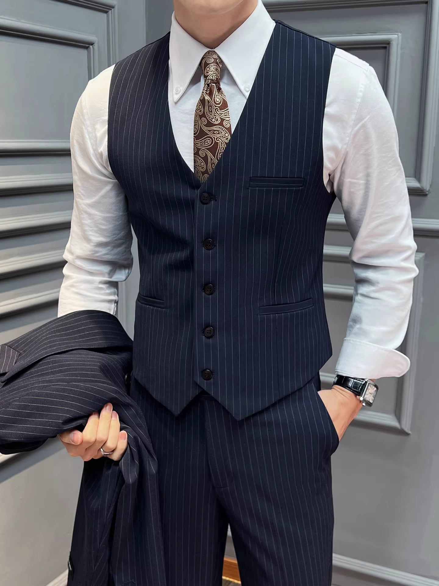 Bộ vest nam sọc, vest công sở cao cấp, phong cách Anh, bộ vest hai mảnh