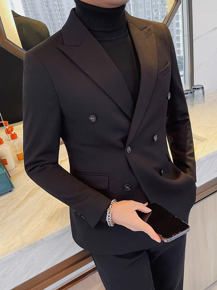 Áo khoác vest nam hai hàng khuy, kiểu dày mùa thu đông, phong cách công sở lịch sự, cao cấp, thời trang, kiểu dáng ôm sát.