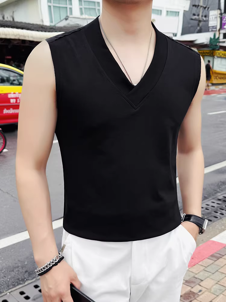 Áo gile nam cổ V không tay, kiểu mới hè 2025, áo thể thao cao cấp, đa năng và thoải mái, màu đen.