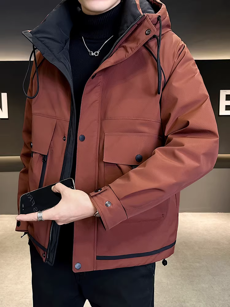 Áo khoác có mũ trùm đầu dành cho nam, kiểu dáng ngắn, thời trang mới mùa đông 2024, cao cấp, hợp thời trang, dày dặn, ấm áp, áo khoác gió.