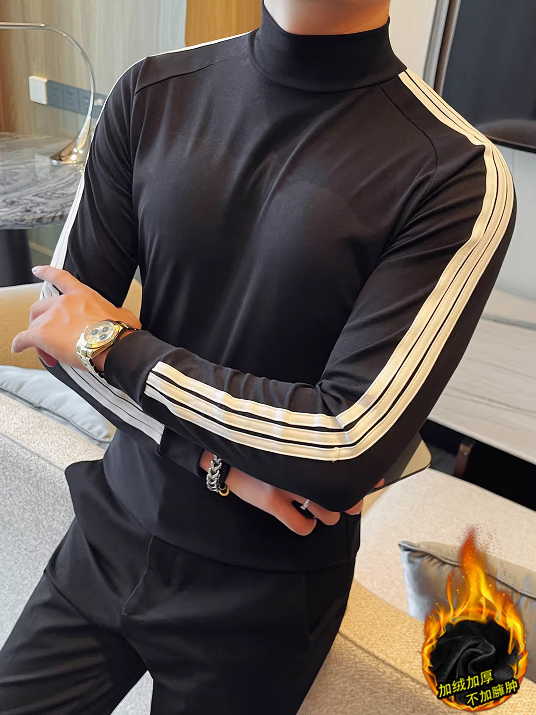 Áo thun cổ cao nửa cổ bằng vải sọc chắp vá dành cho nam, dài tay, mùa thu đông, lót lông cừu, dày dặn, hợp thời trang, ôm vừa vặn, áo sơ mi cổ trung.