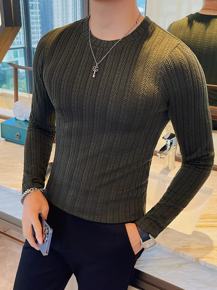 Áo thun nam dài tay, áo sơ mi cơ bản thời trang đa năng hợp thời trang mùa xuân thu, áo sọc cổ tròn ôm vừa vặn.