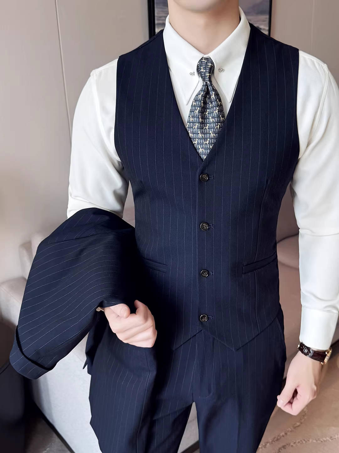 Bộ vest kẻ sọc dành cho nam, vest công sở cao cấp, kiểu dáng ôm body thời thượng, vest đa năng và quần âu hai mảnh