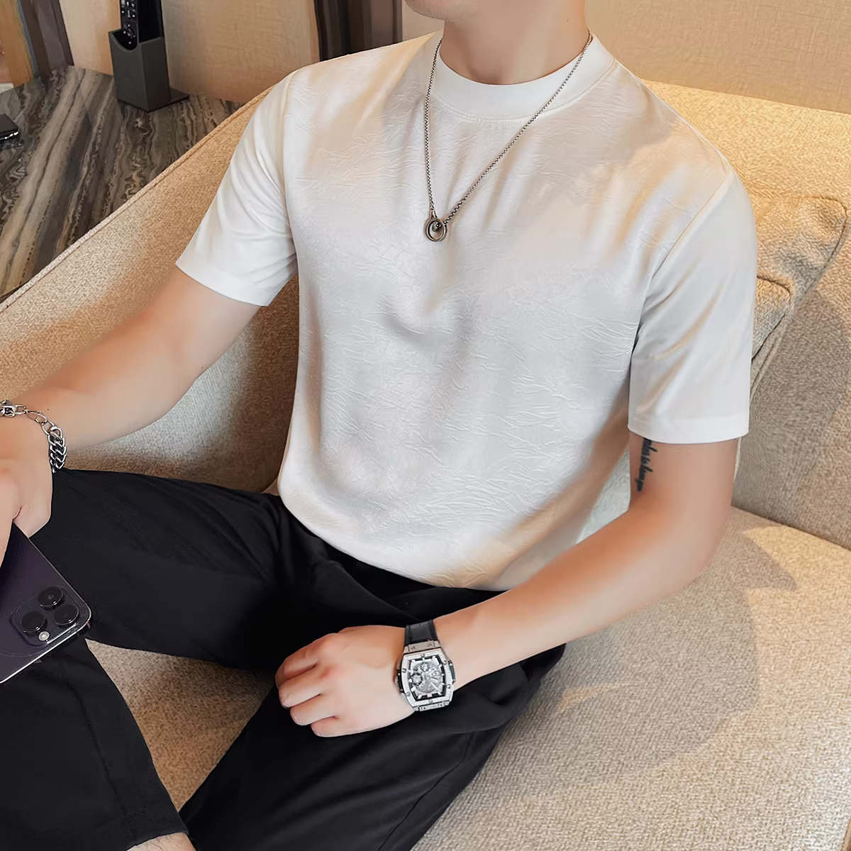 Áo thun nam ngắn tay mỏng mùa hè, xu hướng thời trang cao cấp, ôm vừa vặn, đẹp trai, mềm mại, áo thun giản dị và đa năng