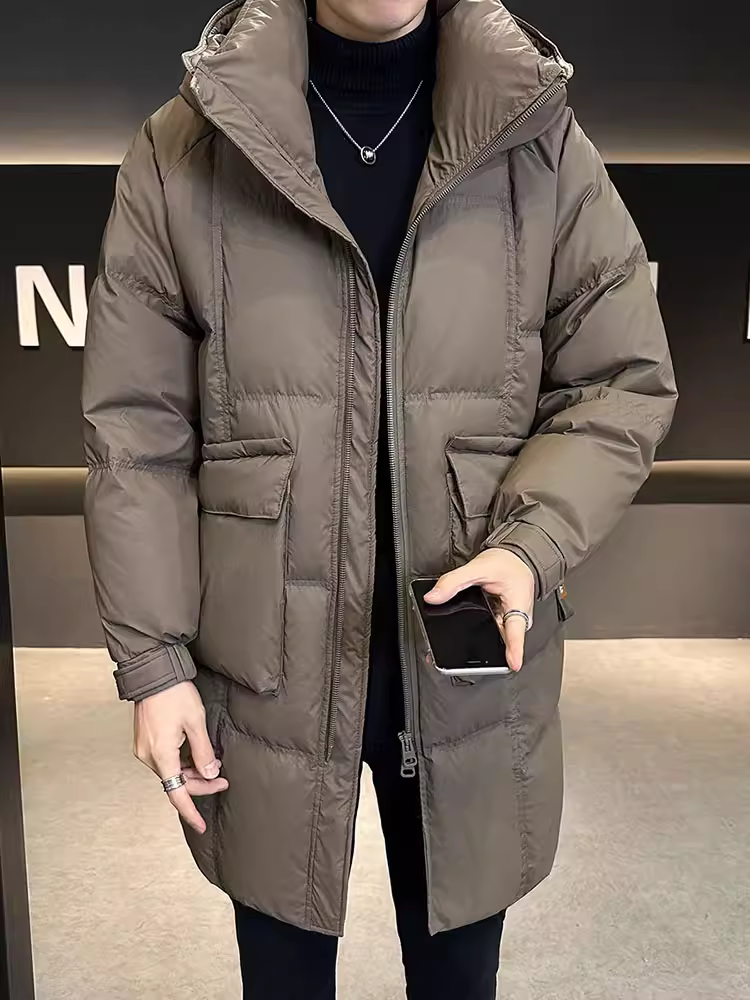 Áo khoác nam có mũ trùm đầu, dài vừa phải, dày dặn mùa đông, ấm áp, chất lượng cao, nhẹ nhàng sang trọng, hợp thời trang, thời trang, giản dị, áo khoác ngoại cỡ.