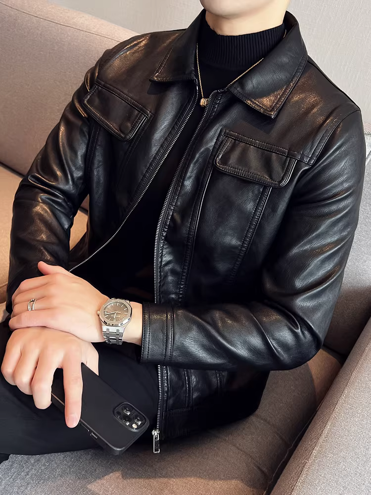 Áo khoác da xe máy nhẹ và phong cách dành cho nam giới, áo khoác ngắn màu trơn thời trang mới mùa thu vừa vặn hợp thời trang đa năng