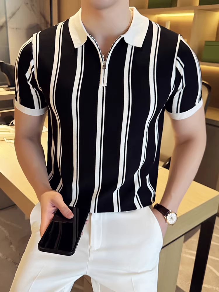 Áo polo nam cao cấp chất liệu lụa đá dệt kim, tay ngắn, kiểu dáng mỏng nhẹ mùa hè, phong cách Anh quốc, thời trang ôm dáng, áo thun sọc có khóa kéo