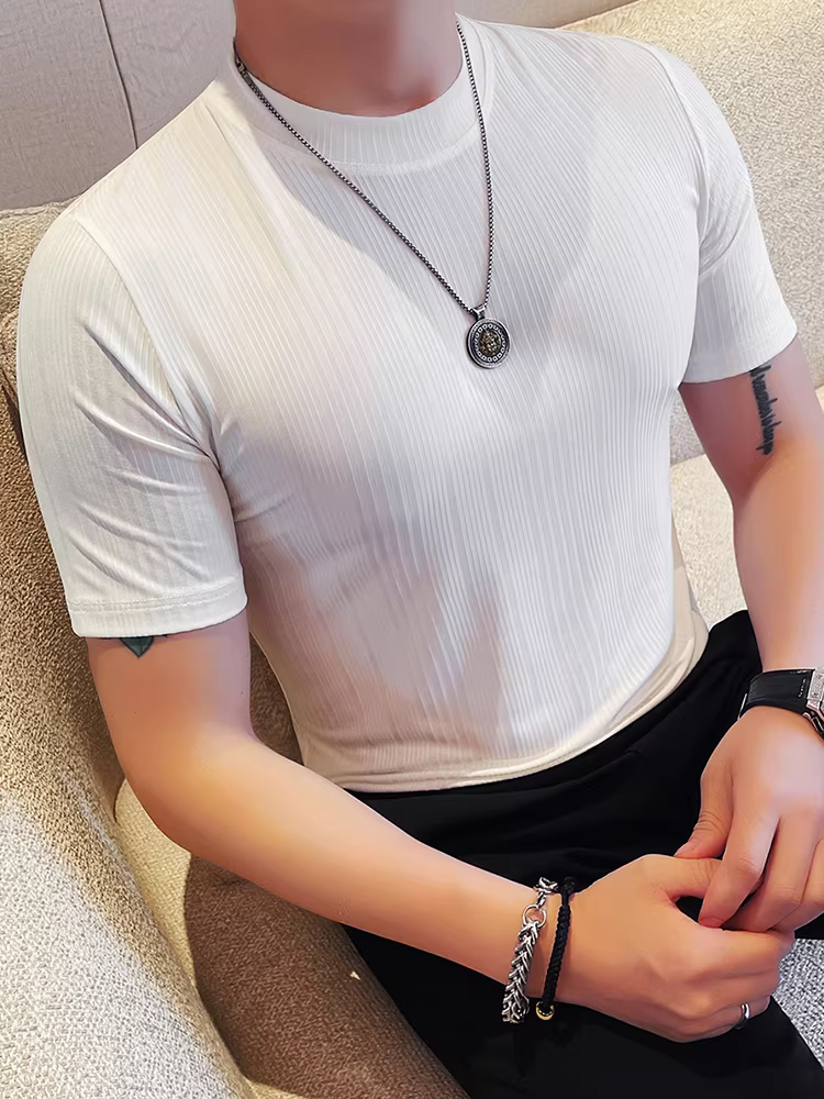 Áo thun nam tay ngắn hè 2025 thời trang mới mẻ đa năng cao cấp cổ tròn sọc