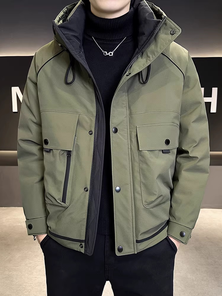 Áo khoác có mũ trùm đầu dành cho nam, kiểu dáng ngắn, thời trang mới mùa đông 2024, cao cấp, hợp thời trang, dày dặn, ấm áp, áo khoác gió.