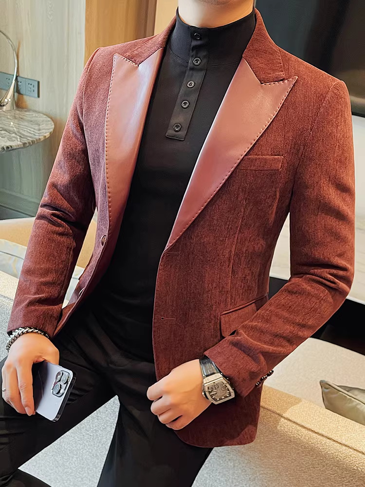Áo blazer nam phối da, kiểu mới thu đông 2024, phong cách công sở lịch lãm, đa năng, dáng ôm, chất liệu cao cấp