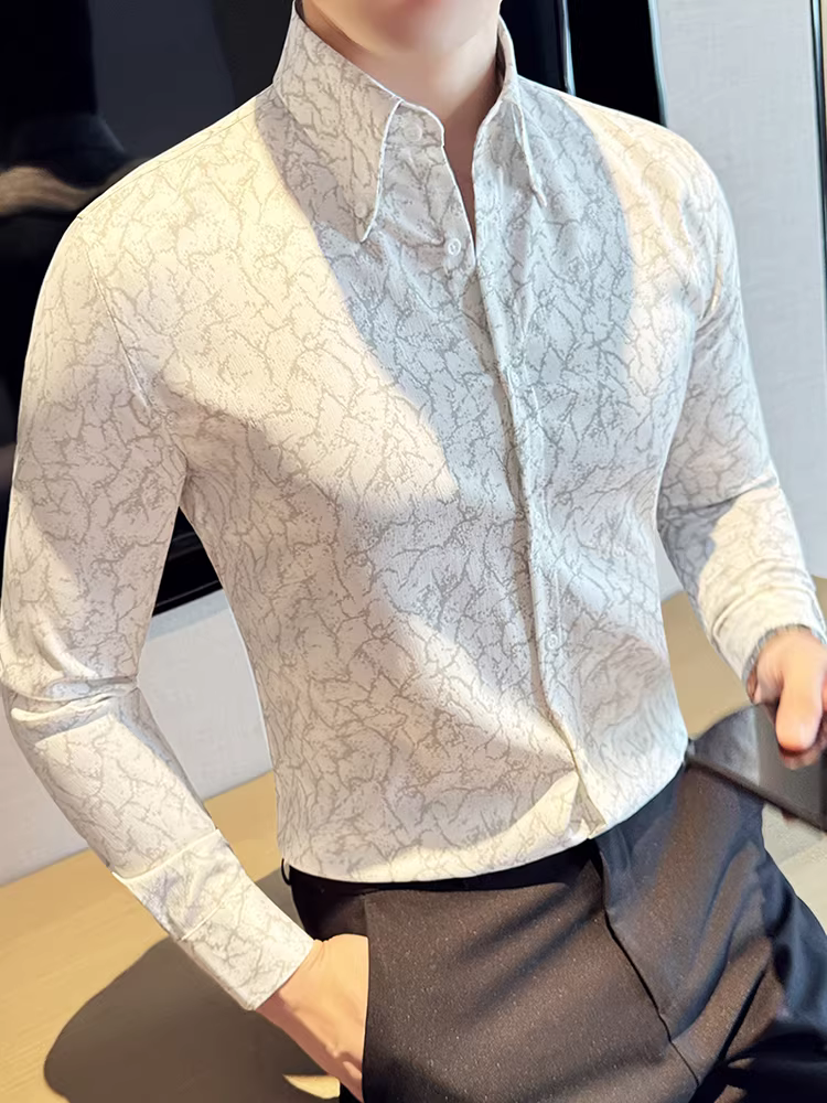 Áo sơ mi nam dài tay họa tiết hoa có họa tiết kim cương giả, phong cách xuân thu mới, thời trang cao cấp, sành điệu, vừa vặn, thoải mái, áo sơ mi chống nhăn