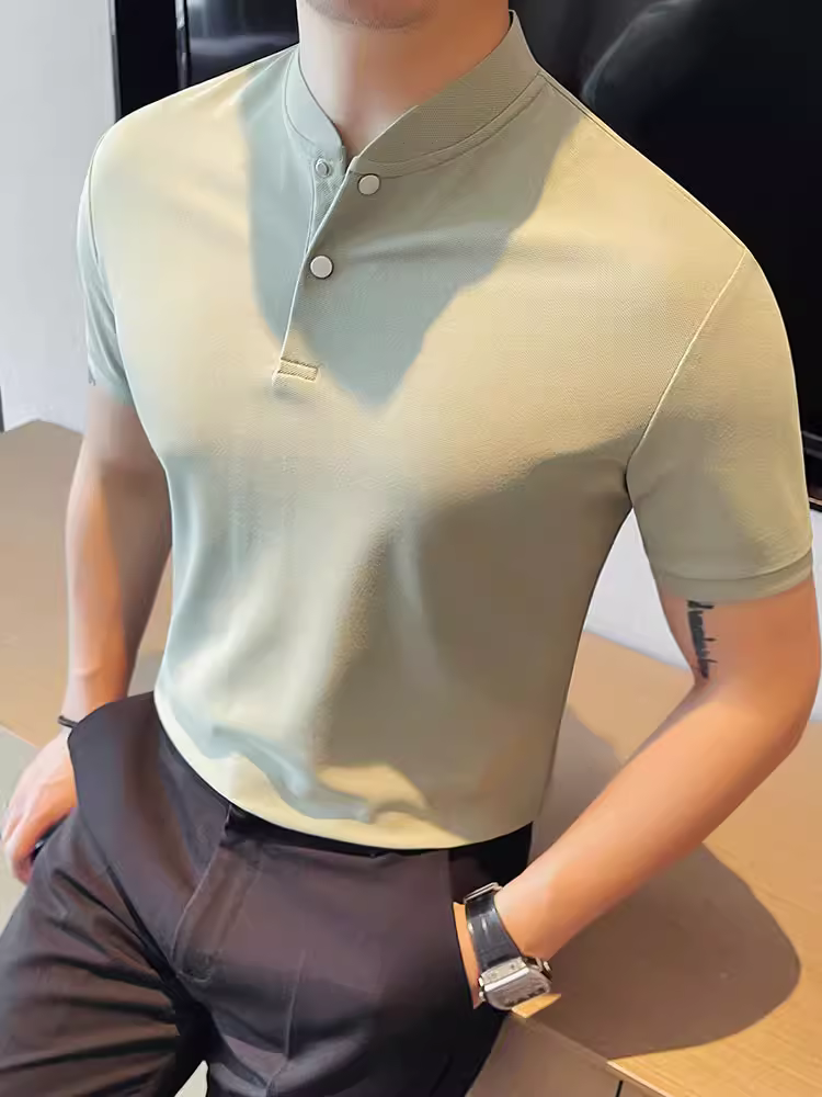 Áo sơ mi polo cổ đứng ngắn tay kiểu Trung Quốc mới dành cho nam, áo thun cổ trụ dáng ôm thời trang cao cấp phong cách Hàn Quốc mới mùa hè