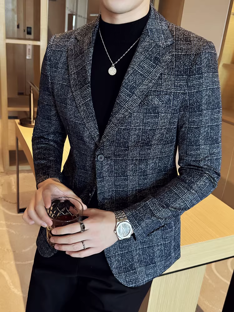 Áo blazer kẻ caro họa tiết mưa sao băng dành cho nam, thời trang mới 2024, kiểu dáng ôm body, lịch sự, đa năng, phù hợp với nhiều phong cách.